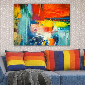 Lerretsbilde 70x100 cm - Fargerik abstrakt komposisjon med elementer av rødt, blått og gult som skaper en dynamisk følelse - Rød / Blå / Gul - Interiør - Maleri & posters - Lerretsbilder