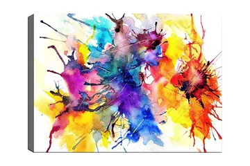Lerretsbilde 70x100 cm - Fargerik abstrakt kunst med sprutende akvarellmaling som skaper en dynamisk og levende komposisjon - Blå / Rød / Gul - Interiør - Maleri & posters - Lerretsbilder