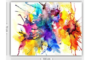 Lerretsbilde 70x100 cm - Fargerik abstrakt kunst med sprutende akvarellmaling som skaper en dynamisk og levende komposisjon - Blå / Rød / Gul - Interiør - Maleri & posters - Lerretsbilder