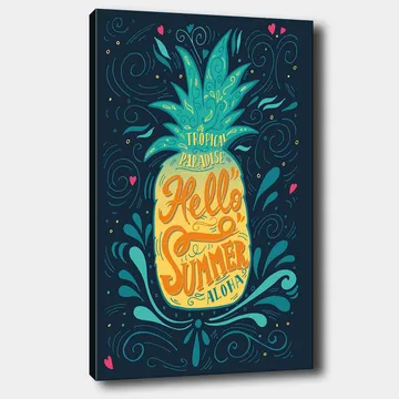 Lerretsbilde 70x100 cm - Fargerik ananas med teksten Hello Summer som fremhever en tropisk følelse - Grønn / Gul / Blå - Interiør - Maleri & posters - Lerretsbilder
