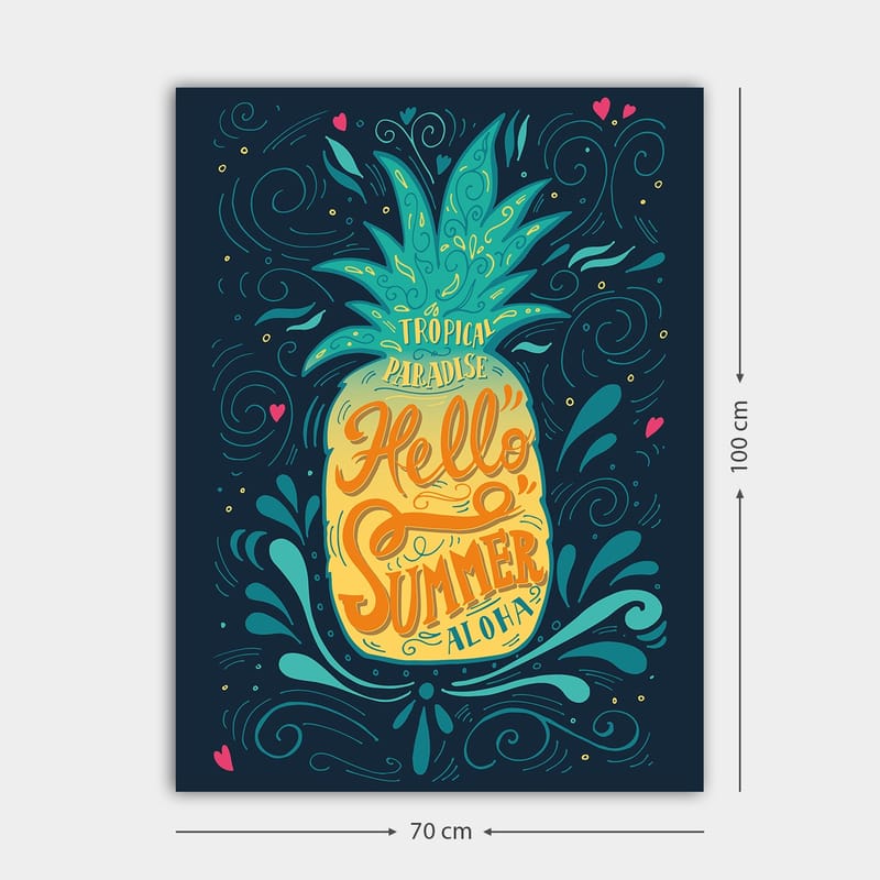 Lerretsbilde 70x100 cm - Fargerik ananas med teksten Hello Summer som fremhever en tropisk følelse - Grønn / Gul / Blå - Interiør - Maleri & posters - Lerretsbilder