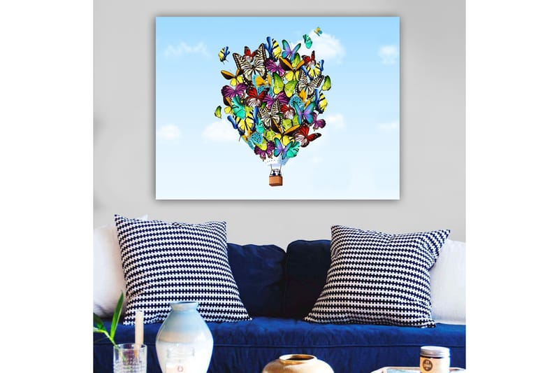 Lerretsbilde 70x100 cm - Fargerik ballong fylt med forskjellige sommerfugler som svever mot en klar himmel - Grønn / Blå / Gul - Interiør - Maleri & posters - Lerretsbilder