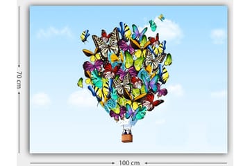 Lerretsbilde 70x100 cm - Fargerik ballong fylt med forskjellige sommerfugler som svever mot en klar himmel - Grønn / Blå / Gul - Interiør - Maleri & posters - Lerretsbilder
