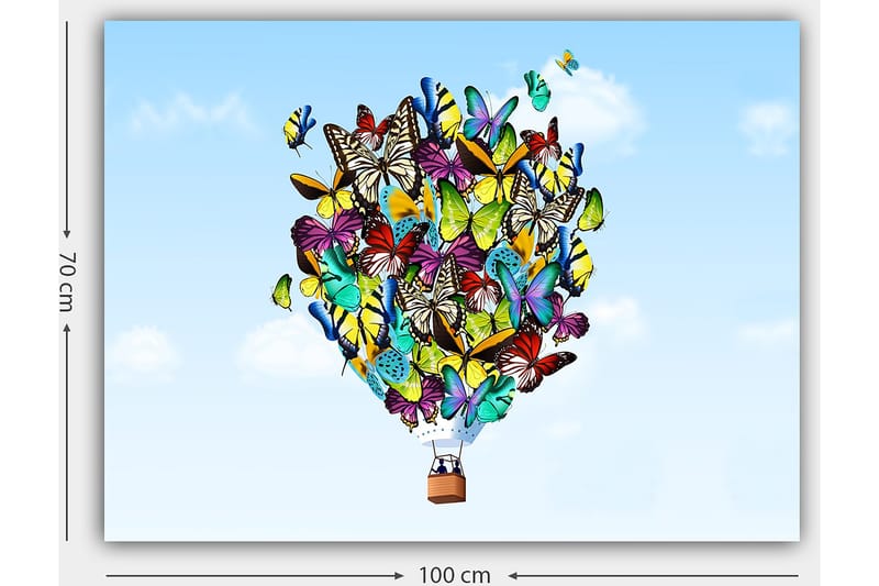 Lerretsbilde 70x100 cm - Fargerik ballong fylt med forskjellige sommerfugler som svever mot en klar himmel - Grønn / Blå / Gul - Interiør - Maleri & posters - Lerretsbilder
