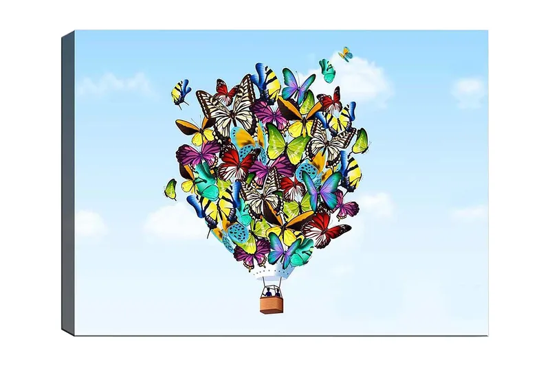 Lerretsbilde 70x100 cm - Fargerik ballong fylt med forskjellige sommerfugler som svever mot en klar himmel, Grønn / Blå / Gul