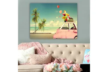Lerretsbilde 70x100 cm - Fargerik bil med ballonger på taket, omgitt av palmer og hav, som gir en følelse av sommer og glede - Rosa / Grønn / Gul - Interiør - Maleri & posters - Lerretsbilder