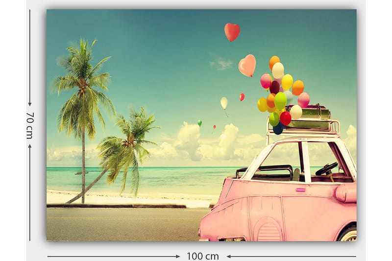 Lerretsbilde 70x100 cm - Fargerik bil med ballonger på taket, omgitt av palmer og hav, som gir en følelse av sommer og glede - Rosa / Grønn / Gul - Interiør - Maleri & posters - Lerretsbilder