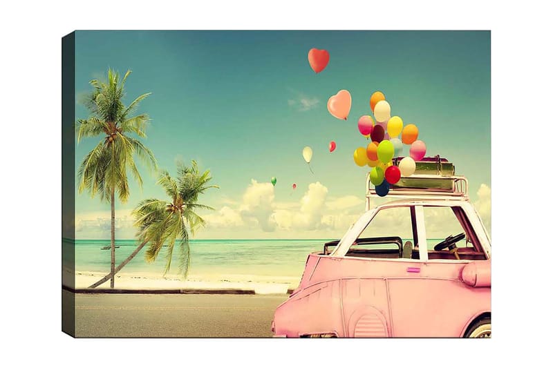Lerretsbilde 70x100 cm - Fargerik bil med ballonger på taket, omgitt av palmer og hav, som gir en følelse av sommer og glede, Rosa / Grønn / Gul