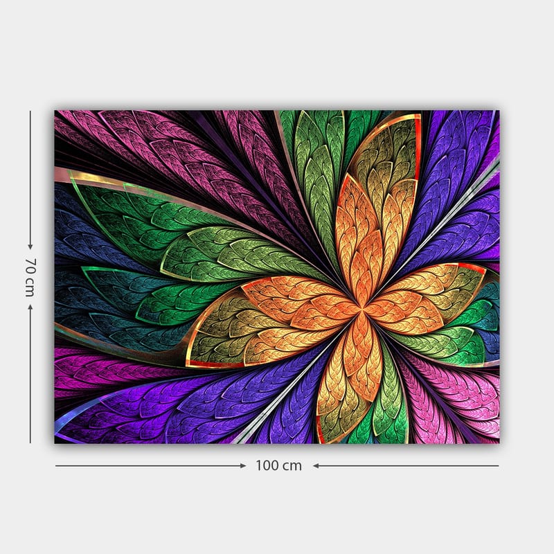 Lerretsbilde 70x100 cm - Fargerik blomst med detaljerte blader i forskjellige nyanser - Grønn / Oransje / Lilla - Interiør - Maleri & posters - Lerretsbilder