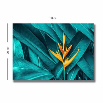 Lerretsbilde 70x100 cm - Fargerik blomst omgitt av store, grønne blader - Turkis / Gul - Interiør - Maleri & posters - Lerretsbilder