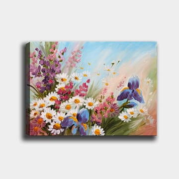 Lerretsbilde 70x100 cm - Fargerik blomsterbukett, inkludert iris og tusenfryd, som fanger en livlig sommerfølelse - Lilla / Hvit / Grønn - Interiør - Maleri & posters - Lerretsbilder
