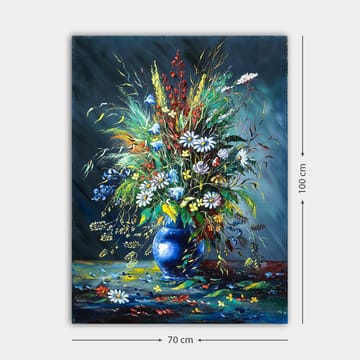 Lerretsbilde 70x100 cm - Fargerik blomsterbukett i en blå vase - Blå / Grønn / Hvit - Interiør - Maleri & posters - Lerretsbilder