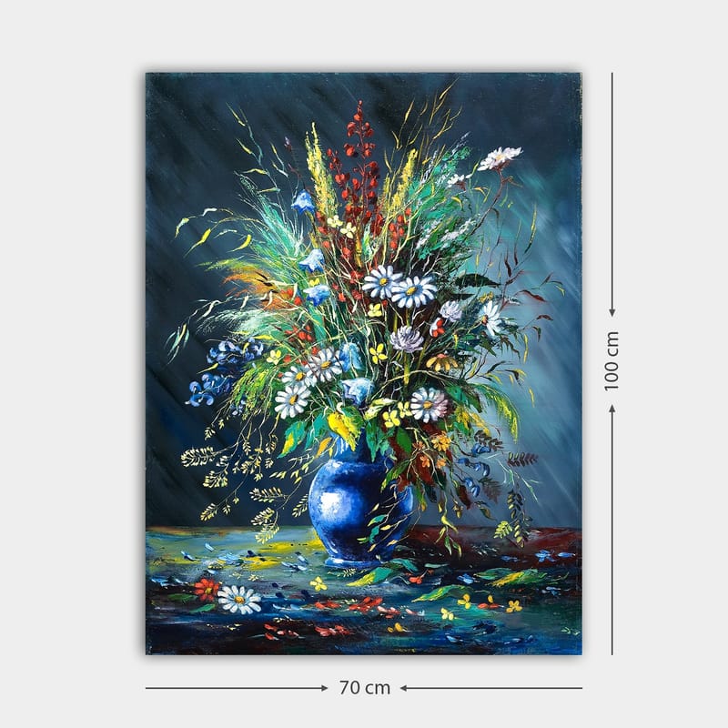 Lerretsbilde 70x100 cm - Fargerik blomsterbukett i en blå vase - Blå / Grønn / Hvit - Interiør - Maleri & posters - Lerretsbilder