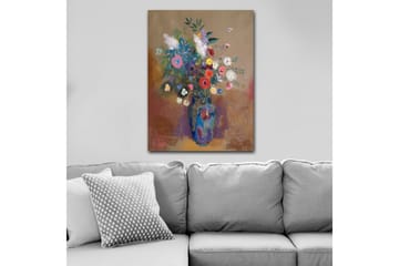 Lerretsbilde 70x100 cm - Fargerik blomsterbukett i en blå vase - Blå / Rosa / Grønn - Interiør - Maleri & posters - Lerretsbilder