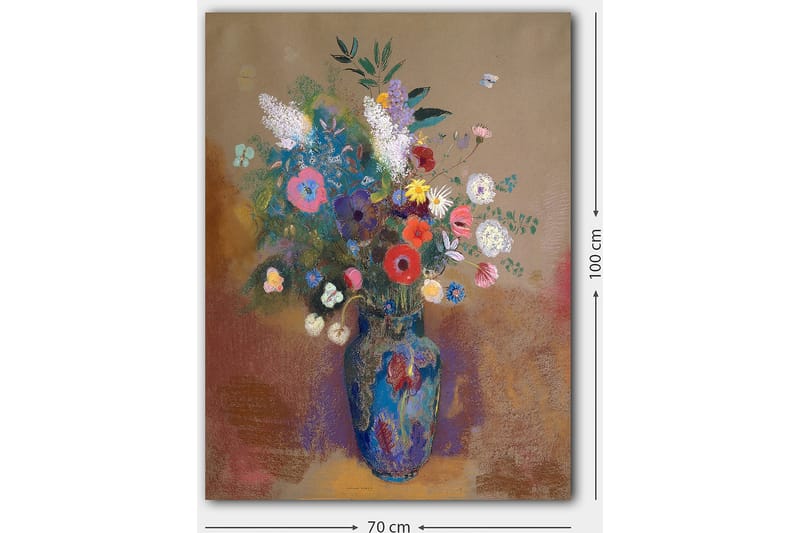 Lerretsbilde 70x100 cm - Fargerik blomsterbukett i en blå vase - Blå / Rosa / Grønn - Interiør - Maleri & posters - Lerretsbilder