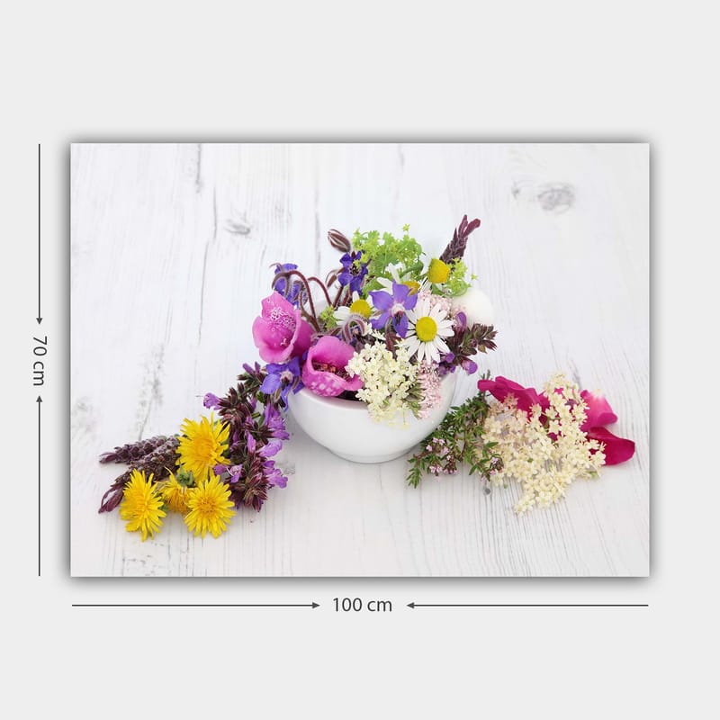Lerretsbilde 70x100 cm - Fargerik blomsterbukett i en hvit bolle - Lilla / Gul / Rosa - Interiør - Maleri & posters - Lerretsbilder