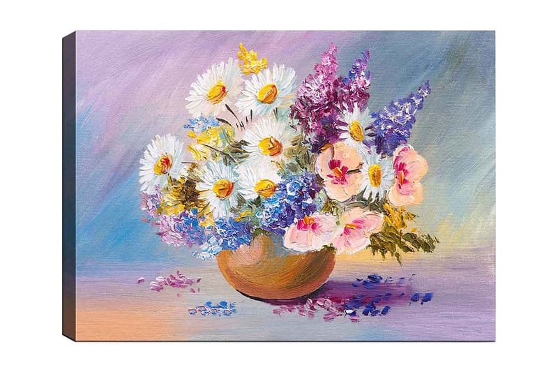 Lerretsbilde 70x100 cm - Fargerik blomsterbukett i en keramisk bolle, Hvit / Lilla / Rosa