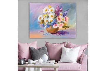Lerretsbilde 70x100 cm - Fargerik blomsterbukett i en keramisk bolle - Hvit / Lilla / Rosa - Interiør - Maleri & posters - Lerretsbilder
