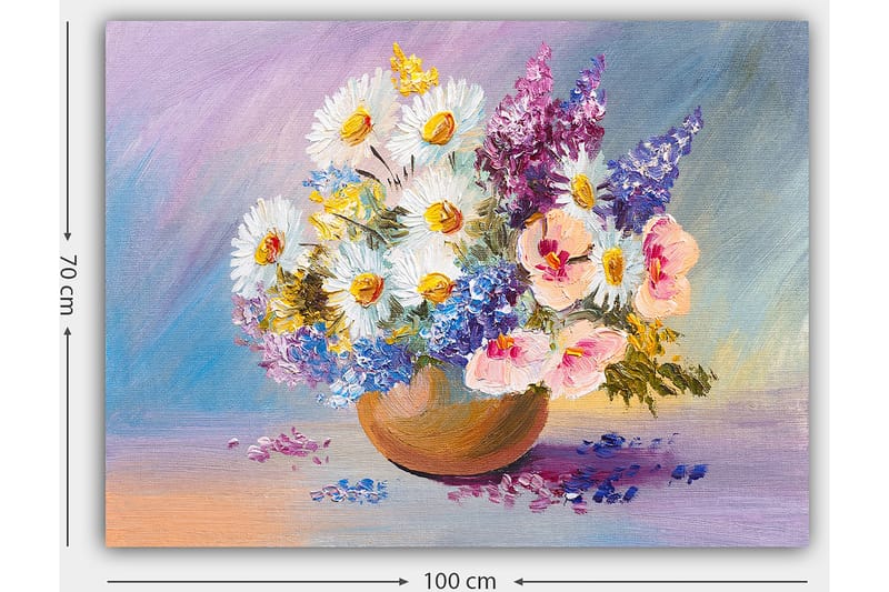 Lerretsbilde 70x100 cm - Fargerik blomsterbukett i en keramisk bolle - Hvit / Lilla / Rosa - Interiør - Maleri & posters - Lerretsbilder