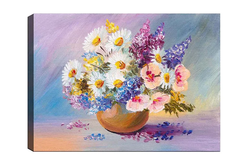 Lerretsbilde 70x100 cm - Fargerik blomsterbukett i en keramisk bolle, Hvit / Lilla / Rosa