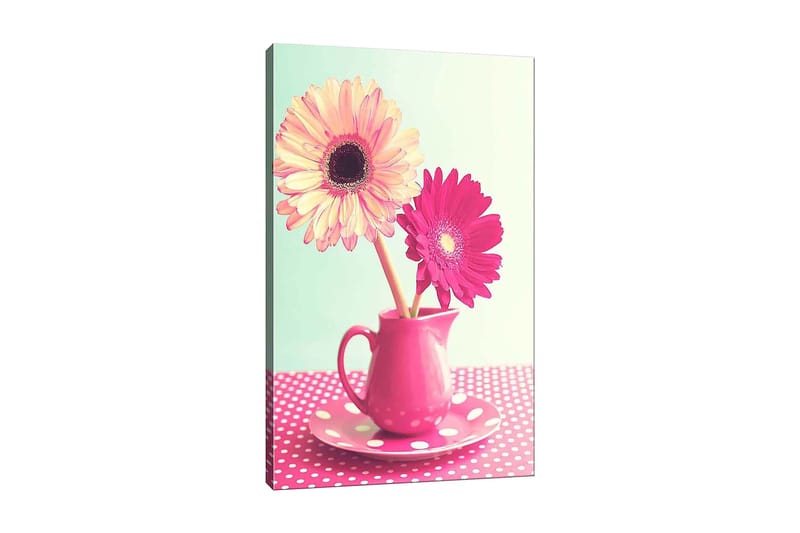 Lerretsbilde 70x100 cm - Fargerik blomsterbukett i en rosa mugge, Rosa / Gul / Grønn