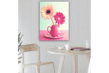 Lerretsbilde 70x100 cm - Fargerik blomsterbukett i en rosa mugge - Rosa / Gul / Grønn - Interiør - Maleri & posters - Lerretsbilder