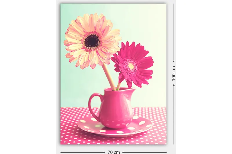 Lerretsbilde 70x100 cm - Fargerik blomsterbukett i en rosa mugge - Rosa / Gul / Grønn - Interiør - Maleri & posters - Lerretsbilder