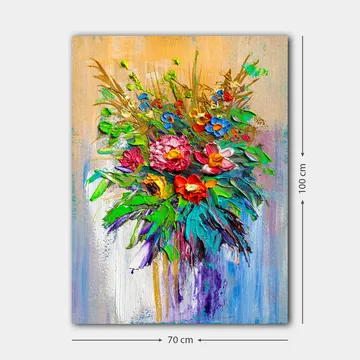 Lerretsbilde 70x100 cm - Fargerik blomsterbukett i forskjellige former og nyanser - Grønn / Rød / Lilla - Interiør - Maleri & posters - Lerretsbilder