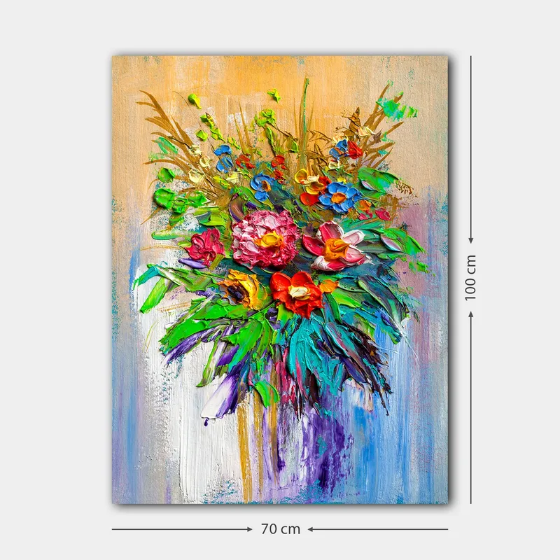 Lerretsbilde 70x100 cm - Fargerik blomsterbukett i forskjellige former og nyanser - Grønn / Rød / Lilla - Interiør - Maleri & posters - Lerretsbilder