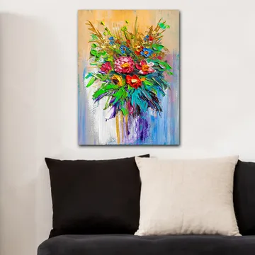 Lerretsbilde 70x100 cm - Fargerik blomsterbukett i forskjellige former og nyanser - Grønn / Rød / Lilla - Interiør - Maleri & posters - Lerretsbilder