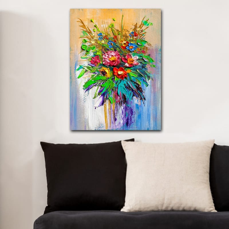 Lerretsbilde 70x100 cm - Fargerik blomsterbukett i forskjellige former og nyanser - Grønn / Rød / Lilla - Interiør - Maleri & posters - Lerretsbilder