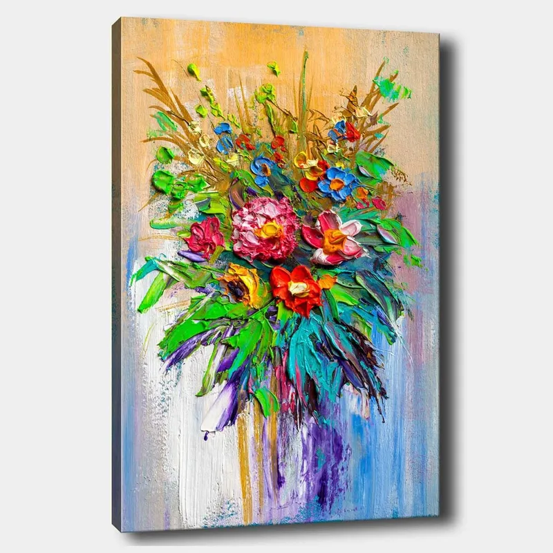 Lerretsbilde 70x100 cm - Fargerik blomsterbukett i forskjellige former og nyanser, Grønn / Rød / Lilla