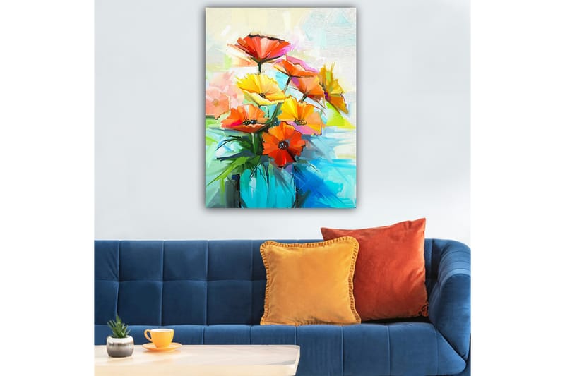 Lerretsbilde 70x100 cm - Fargerik blomsterbukett i forskjellige nyanser av oransje og gult - Oransje / Gul / Grønn - Interiør - Maleri & posters - Lerretsbilder