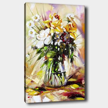 Lerretsbilde 70x100 cm - Fargerik blomsterbukett i glassvase - Gul / Hvit / Grønn - Interiør - Maleri & posters - Lerretsbilder