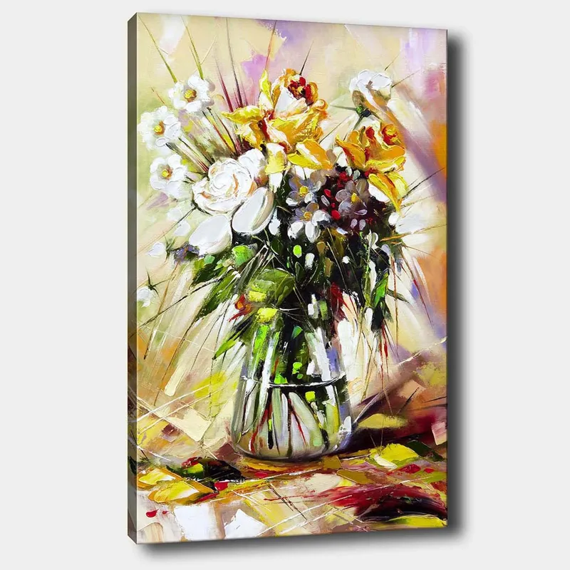 Lerretsbilde 70x100 cm - Fargerik blomsterbukett i glassvase, Gul / Hvit / Grønn