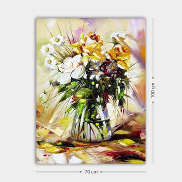 Lerretsbilde 70x100 cm - Fargerik blomsterbukett i glassvase - Gul / Hvit / Grønn - Interiør - Maleri & posters - Lerretsbilder