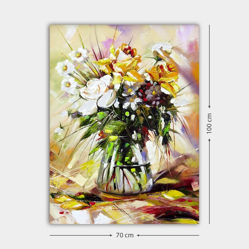 Lerretsbilde 70x100 cm - Fargerik blomsterbukett i glassvase - Gul / Hvit / Grønn - Interiør - Maleri & posters - Lerretsbilder