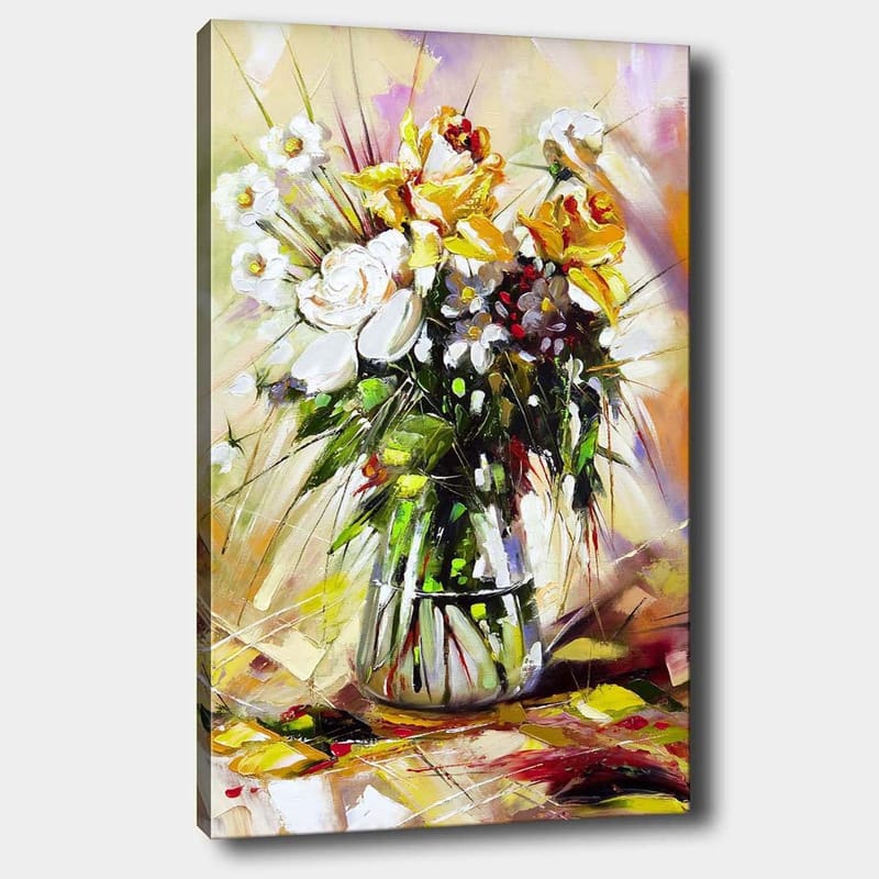 Lerretsbilde 70x100 cm - Fargerik blomsterbukett i glassvase, Gul / Hvit / Grønn