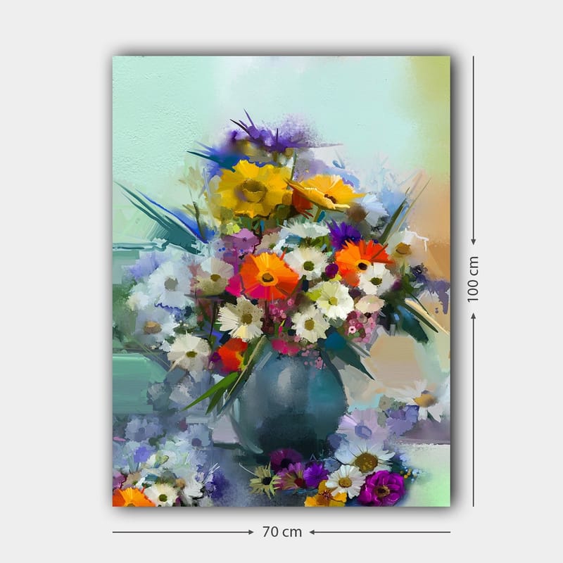 Lerretsbilde 70x100 cm - Fargerik blomsterbukett i vase - Gul / Oransje / Lilla - Interiør - Maleri & posters - Lerretsbilder