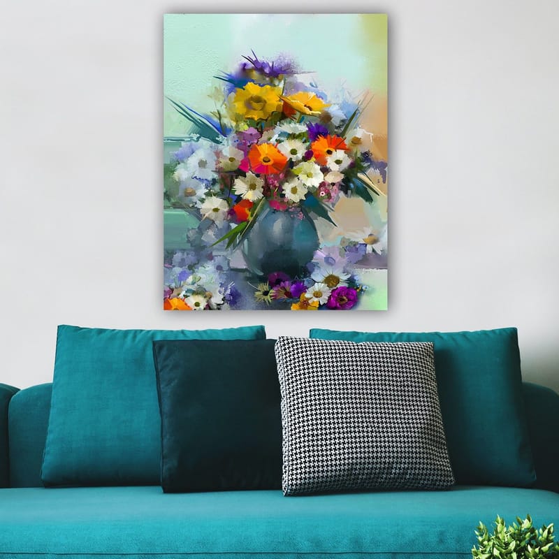 Lerretsbilde 70x100 cm - Fargerik blomsterbukett i vase - Gul / Oransje / Lilla - Interiør - Maleri & posters - Lerretsbilder