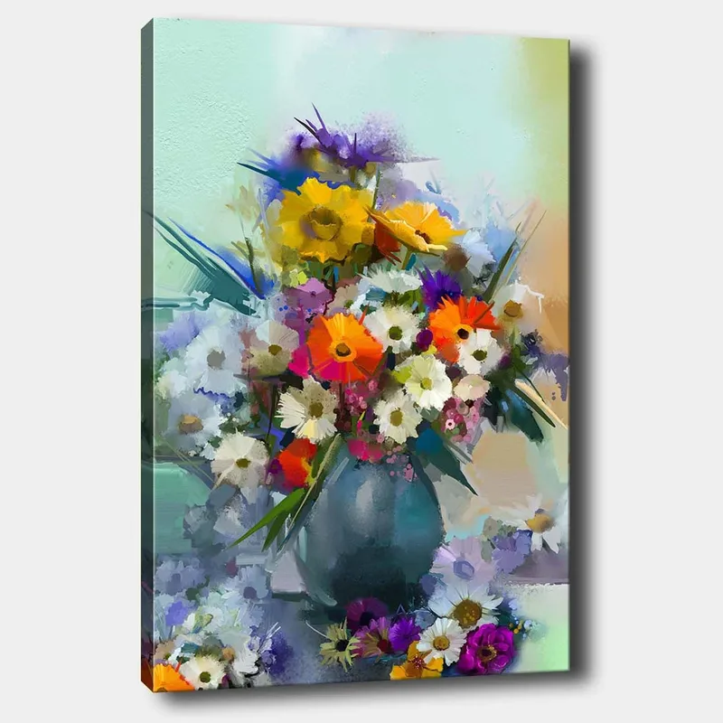 Lerretsbilde 70x100 cm - Fargerik blomsterbukett i vase, Gul / Oransje / Lilla