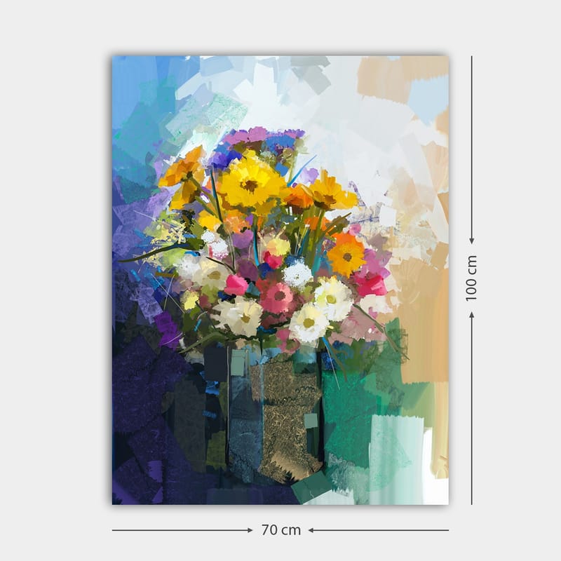 Lerretsbilde 70x100 cm - Fargerik blomsterbukett i vase - Gul / Rosa / Hvit - Interiør - Maleri & posters - Lerretsbilder