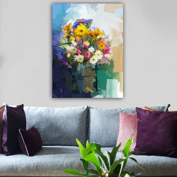 Lerretsbilde 70x100 cm - Fargerik blomsterbukett i vase - Gul / Rosa / Hvit - Interiør - Maleri & posters - Lerretsbilder