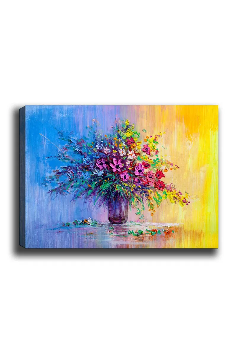 Lerretsbilde 70x100 cm - Fargerik blomsterbukett i vase, Lilla / Grønn / Gul