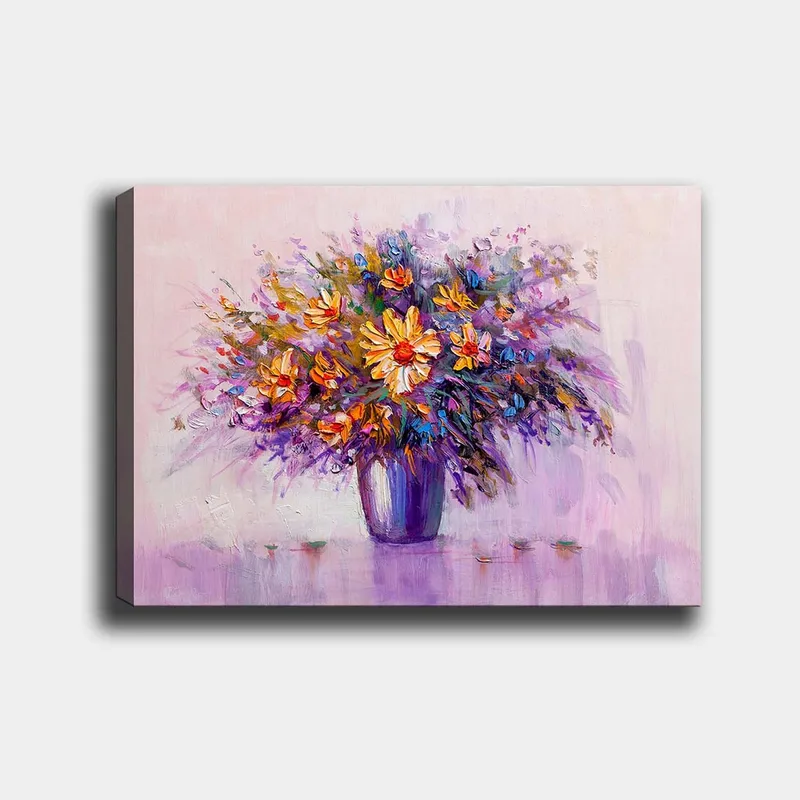 Lerretsbilde 70x100 cm - Fargerik blomsterbukett i vase, Lilla / Oransje / Gul