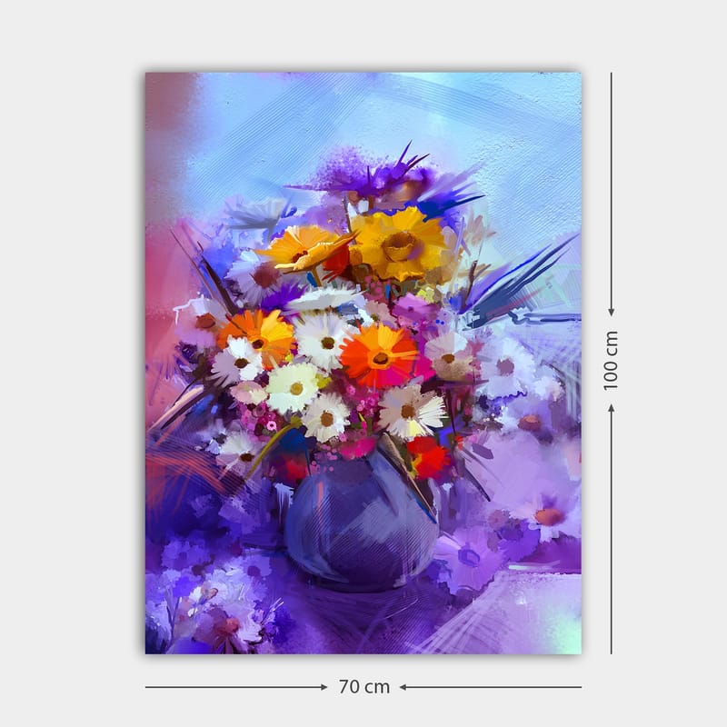 Lerretsbilde 70x100 cm - Fargerik blomsterbukett i vase - Lilla / Oransje / Hvit - Interiør - Maleri & posters - Lerretsbilder