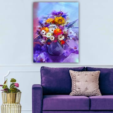 Lerretsbilde 70x100 cm - Fargerik blomsterbukett i vase - Lilla / Oransje / Hvit - Interiør - Maleri & posters - Lerretsbilder