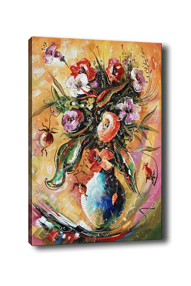 Lerretsbilde 70x100 cm - Fargerik blomsterbukett i vase, Rød / Grønn / Lilla