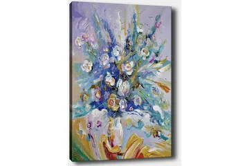 Lerretsbilde 70x100 cm - Fargerik blomsterbukett med en dynamisk komposisjon - Blå / Grønn / Hvit - Interiør - Maleri & posters - Lerretsbilder