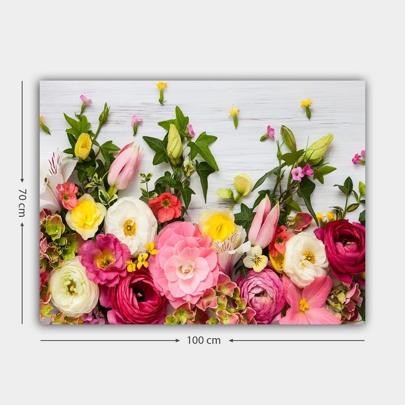 Lerretsbilde 70x100 cm - Fargerik blomsterbukett med forskjellige former og nyanser - Rosa / Hvit / Gul - Interiør - Maleri & posters - Lerretsbilder